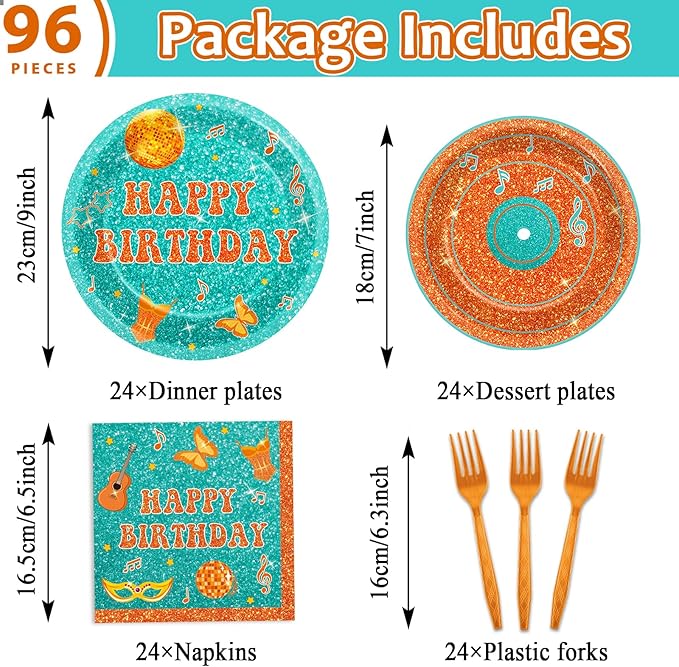 96PCS Popular Singer Birthday Party Paper Plates and Napkins Music Lover Party Decoration Pop Singer Theme Party Supplies Orange Green Glitter Tableware Set Serves 24 Guests Girls Baby Shower Favor