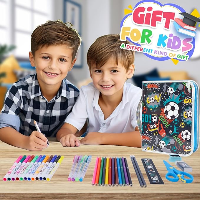 Washable Markers Set with Glitter Pencil Case, Art Supplies for Kids Ages 4-6-8, Arts Crafts Travel Coloring Kit for Boys 4 5 6 7 8 Year Old Birthday Gifts