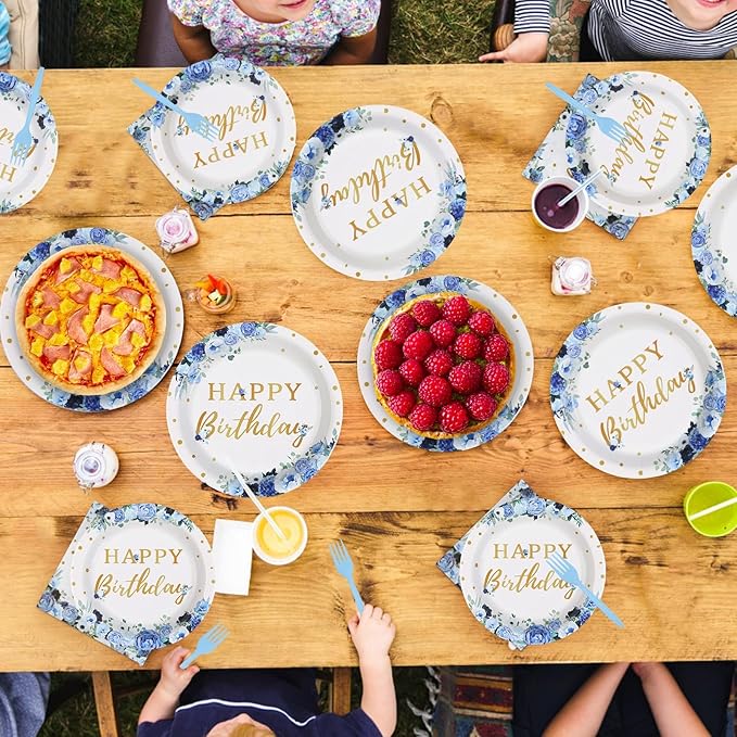 Grencian 96 Pcs Blue Flower Birthday Party Supplies Blue Floral Plates and Napkins Floral Themed Tableware Sets for Women Girls Birthday Party Decorations Serves 24