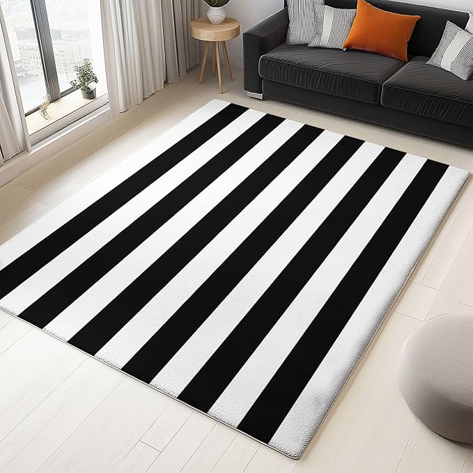 Black and White Flannel Rug Geometric Horizontal Stripes Machine Washable Area Rug, 5 x 8 ft Non Slip Rugs for Living Room Bedroom Office Kids Playroom Decor Carpet Mat
