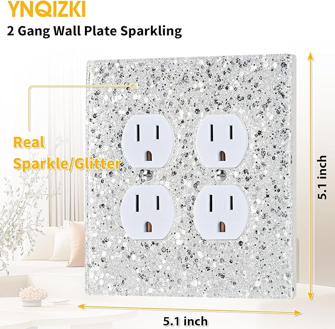 Shiny Silver Double Duplex Outlet Cover Plate,Glitter Never Peel Off,2-Gang 5.1''x5.1'',Bling Decor for Girls Room