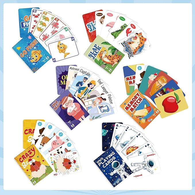Kids Card Games,24 Decks,Go Fish, Old Maid, Crazy Eights, Memory Match, Slap Jack, Space Playing Cards, Family Game Night Classic Table Games, Stocking Stuffers for Kids Toddlers