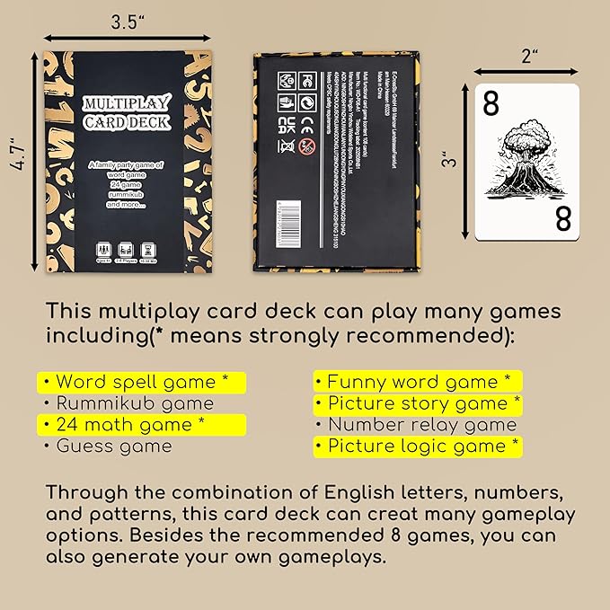 Multiplay Card Deck - 108 Cards Family Party Game Set, 8-in-1 Educational Card Games for Kids & Adults, Includes Word, Rummikub, 24 Math, Picture Story & More for 2-8 Players