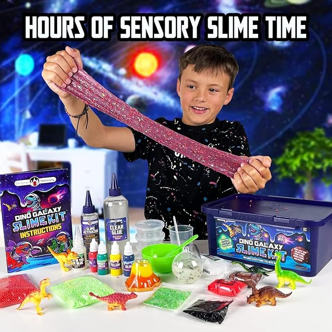 Original Stationery Dinosaur Galaxy Slime Kit for Boys Ages 7-12, DIY Glow-in-The-Dark Slime Set with Glitter & Dinosaur Toys, Fun Space-Themed Craft Activity, Birthday Gift for Kids