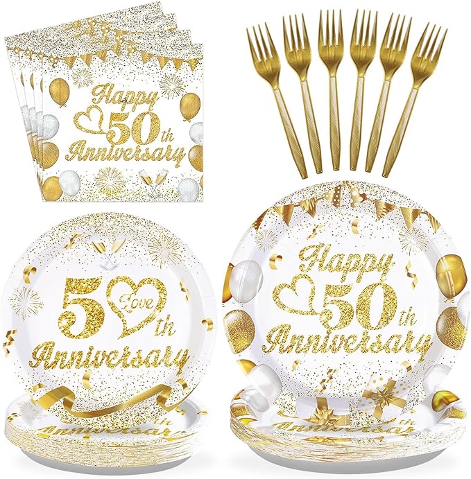 Grencian 96pcs 50th Wedding Anniversary Decorations Golden 50th Anniversary Party Plates and napkins White and Gold Paper Tableware Set Party Supplies Party Favors for Men Women Parents, Serve 24