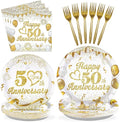 Grencian 96pcs 50th Wedding Anniversary Decorations Golden 50th Anniversary Party Plates and napkins White and Gold Paper Tableware Set Party Supplies Party Favors for Men Women Parents, Serve 24