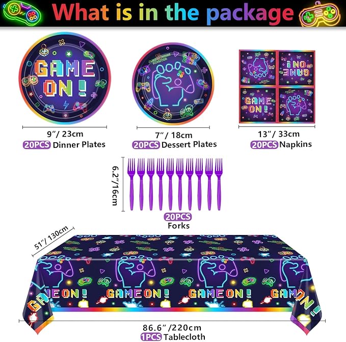 Video Game Birthday Decorations Serve 20 - 81Pcs Plates Napkins Tablecloth Forks Set for Boys Game Gaming Controller Party Supplies