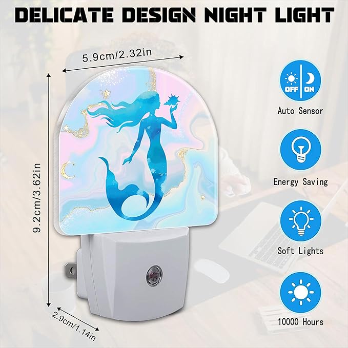 Watercolor Blue Mermaid Night Light for Kids,Pastel Pink Glitter Liquid Marble Plug in Night Light with Dusk to Dawn Sensor, 0.5w Energy Saving Nightlight for Hallway Stairway Kitchen Bedroom