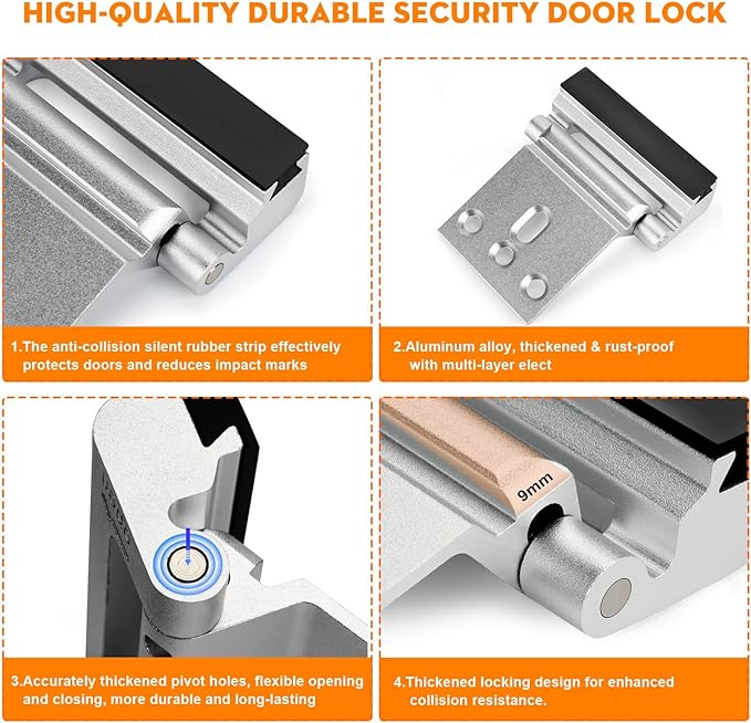 Home Security Door Reinforcement Lock, Upgraded Front Door Locks for Kids Safety Withstand 800 lbs, Child Proof Door Lock, Extra Door Lock from Inside Prevent Unauthorized Entry (2 Pack, Silver)