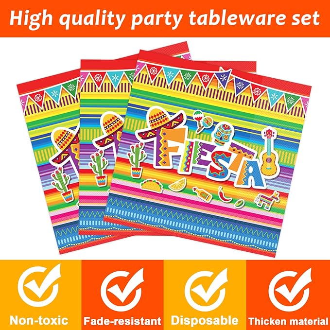 96 Pieces Fiesta Party Decorations Mexican Plates Tableware Set for De Mayo Party Decorations Supplies Mexican Themed Paper Dessert Plates Napkins Forks for 24 Guests Birthday Party Favors