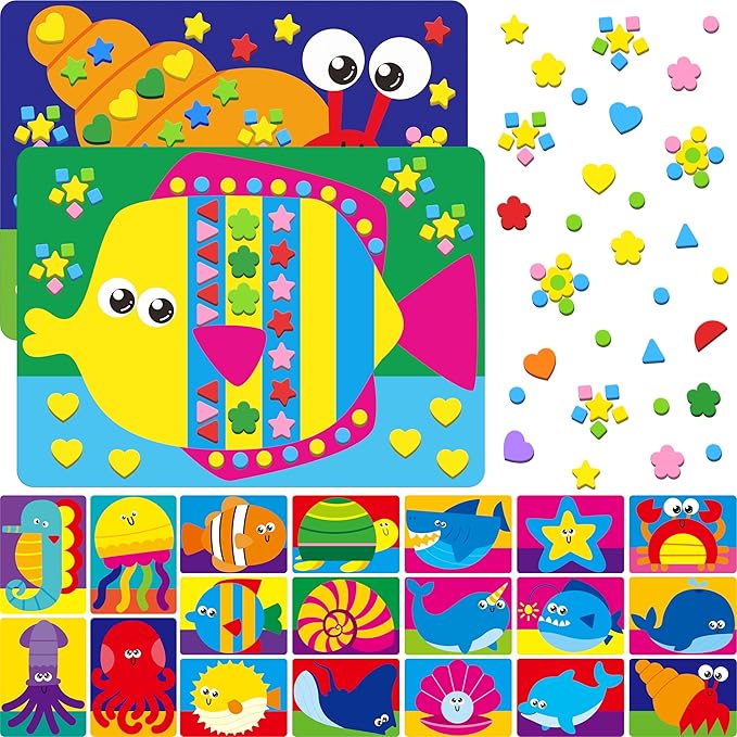 SpriteGru Foam Sticker Art Activity, 20 Marine Animals with 1660 Foam Stickers in 10 Colors Fun with DIY Activity Craft Kits Travel Game for Kids, Boys & Girls