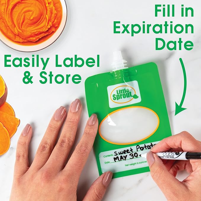 Disposable 6oz Baby Food Storage Pouch Containers, 48 Pack- Write What You Want Squeezable Pouches- Make Homemade Organic Food for Babies/Toddlers- Works with Most Filling Stations Including Infantino