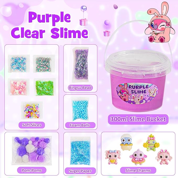 Purple Slime Kit, Clear Slime Bucket, Slimes Party Favors for Kids, Crunchy Slimes Includes 10 Packs of Add-ins, Sensory Toys Birthday Easter Hallowmas for Girls & Boys Gift