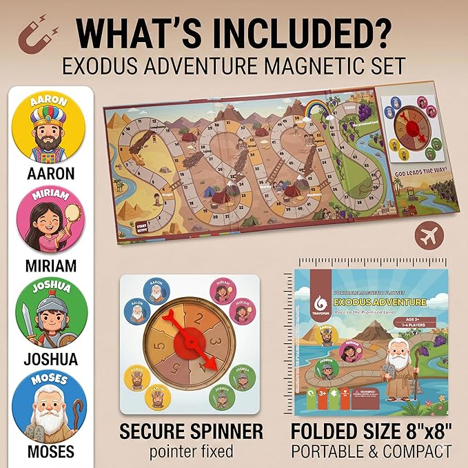 TRAVOFUN Exodus Magnetic Board Games for Kids Ages 3-5+, Foldable Travel Games & Bible Toys, Christian Snake and Ladders Family Game for Road Trip Activities & Sunday School Gifts