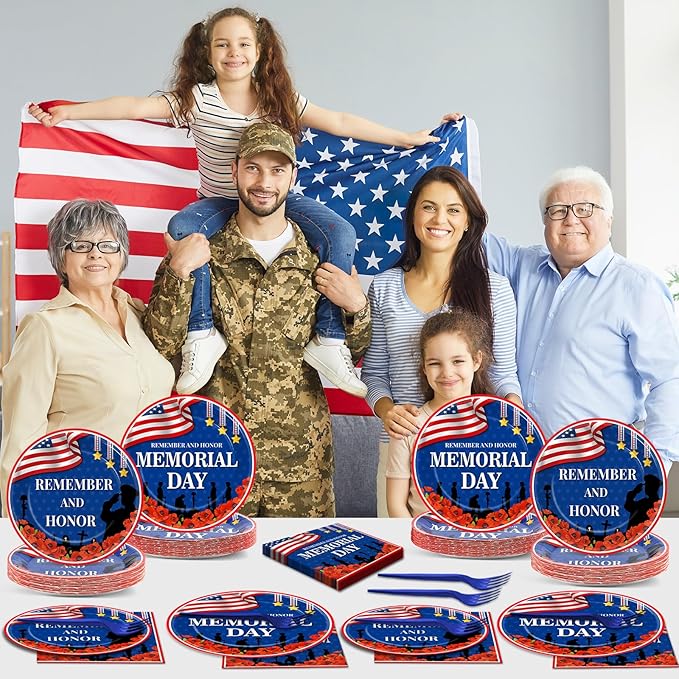 96Pcs Memorial Day Plates and Napkins for Remember and Honor Soldier Party Supplies Thank You Soldiers Dessert Plates Veterans Day Tableware Set for 24 Guests 4th of July Party Decorations
