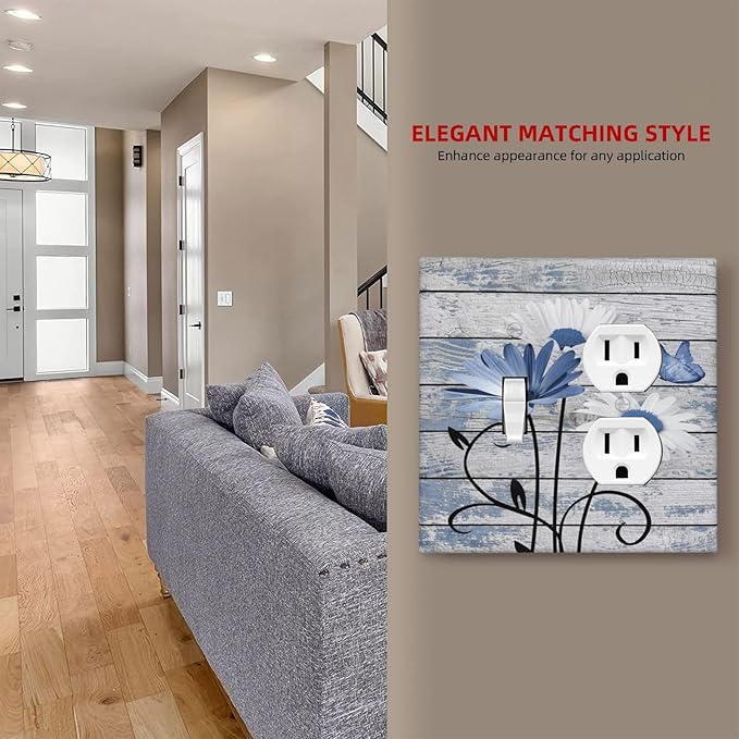 Blue White Daisy Flower Butterfly Rustic Wood Board Wallplates 1 Toggle 1 Duplex Switch Plate Electrical GFCI Faceplate Decorative Light Switch Covers for Farmhouse Bedroom Decor