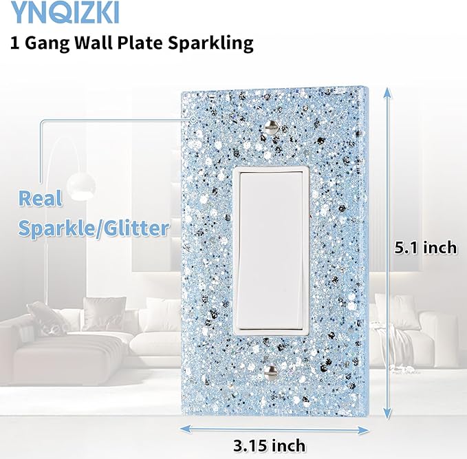 Blue Glitter Light Switch or Outlet Covers - Sparkling Wall Plate 5.1"x3.15", Unique Gift for Her, Housewarming, Home Decor,1-Gang Rocker