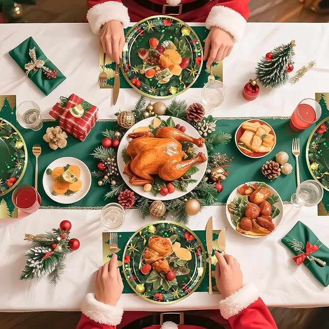 72PCS Christmas Plates and Napkins for Party Decorations, Set of 24 Merry Christmas Disposable Tableware Supplies, Green Gold Christma Tree Paper Plates for Xmas Party