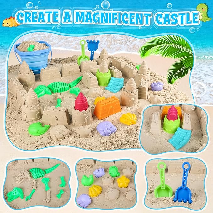 ERHAICAT Beach Toys, Dinosaur Sand Toys for Kids Toddlers with Collapsible Bucket, Sand Castle Building Kit, Mesh Storage Bag & Shovel Rake, Travel Summer Toys for Boys Girls Ages 3-10