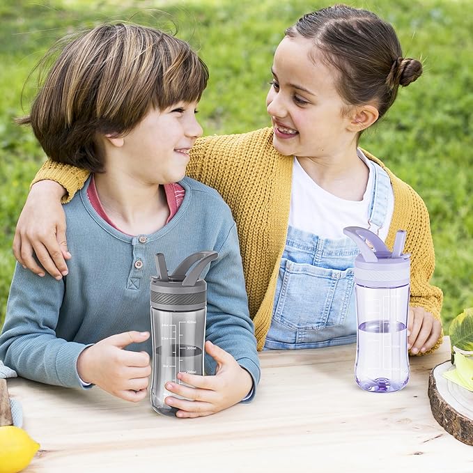 Kids Clear Water Bottle 14oz Flip with Straw Carry Handle, Leakproof, Reusable, Tritan, BPA Free, Suitable for Boys and Girls, Gray
