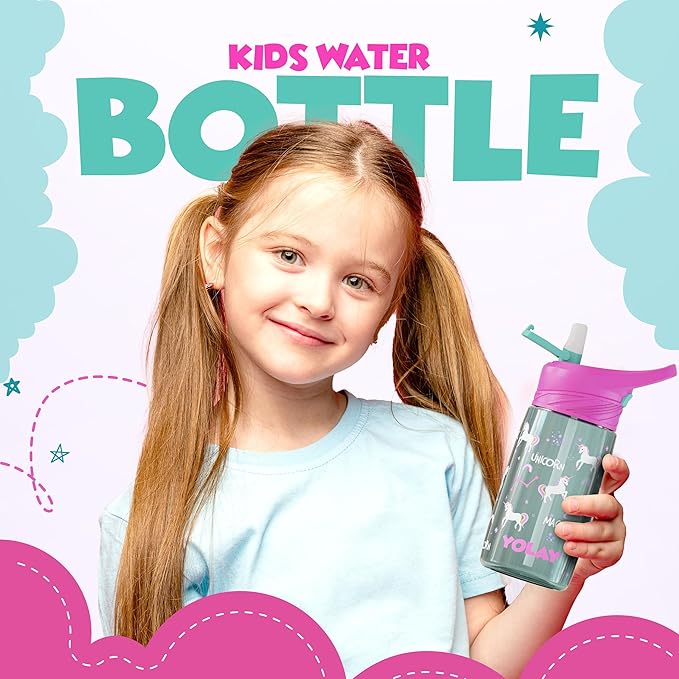 YOLAY 15oz Kids Water Bottle For School Boys and Girls, Durable Toddler Water Bottle with Straw Lid Leak-Proof, Spill Proof, Easy Clean and Dishwasher Safe with Re-Usable and BPA Free - Unicorn