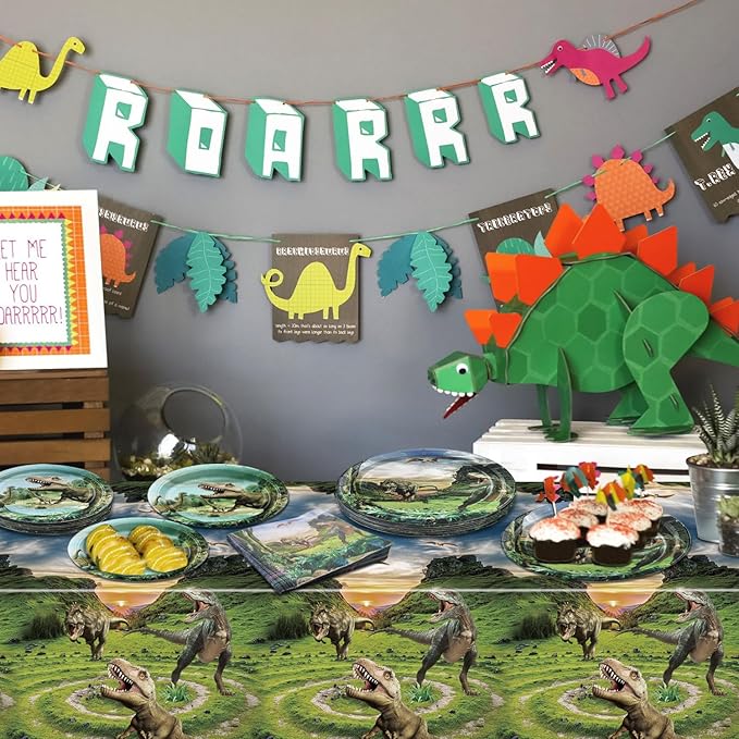 Dinosaur Birthday Decorations - 81Pcs Dinosaur Paper Tableware Set Including Plate, Napkins, Dino Tablecloth for Kids Boys Birthday Supplies, Serve 20