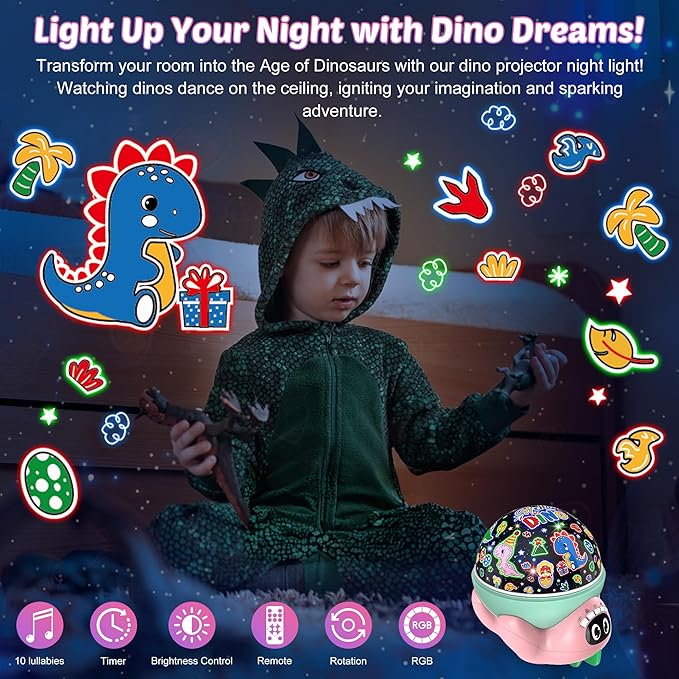 Dinosaur Night Light Projector for Kids Pink Dino Toys for Boys, Star Night Lights with Music and Timer, 17 Mode Color Changing Lamp with Remote, Christmas Birthday Gift for Baby Girl Boy