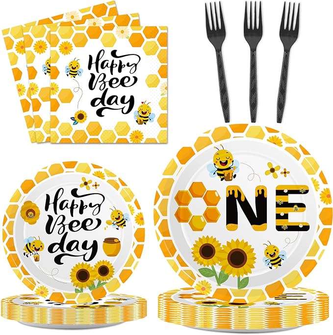 Qyeahkj 100 Pcs Bee 1st Birthday Party Supplies Paper Plates and Napkins Set Disposable Bee First Birthday Tableware Decorations for Bees Theme Baby Shower Serves 25