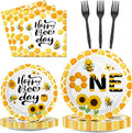 Qyeahkj 100 Pcs Bee 1st Birthday Party Supplies Paper Plates and Napkins Set Disposable Bee First Birthday Tableware Decorations for Bees Theme Baby Shower Serves 25