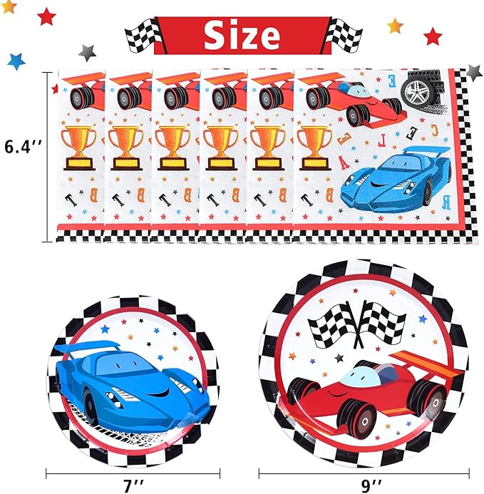WERNNSAI Race Car Party Supplies - 48PCS Checked Racing Party Plates Napkins Disposable Tableware Set Race Car Birthday Decorations for Boys Birthday Baby Shower Decorations Serves 16 Guests
