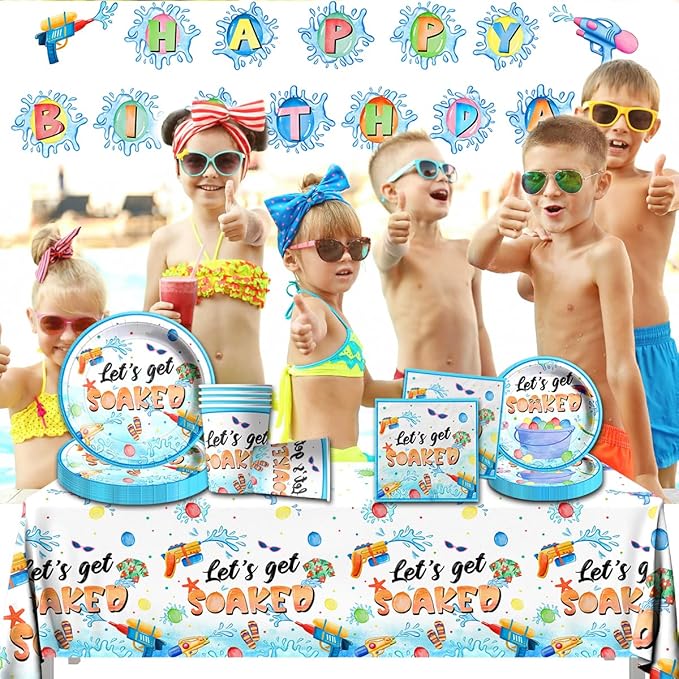 Summer Party Decorations, 142Pcs Water Gun Party Decorations Tableware Set,Include Plates and Napkins,Tablecloth,Banner for Let's Get Soaked Pool Beach Party Birthday Supplies, Serves 20