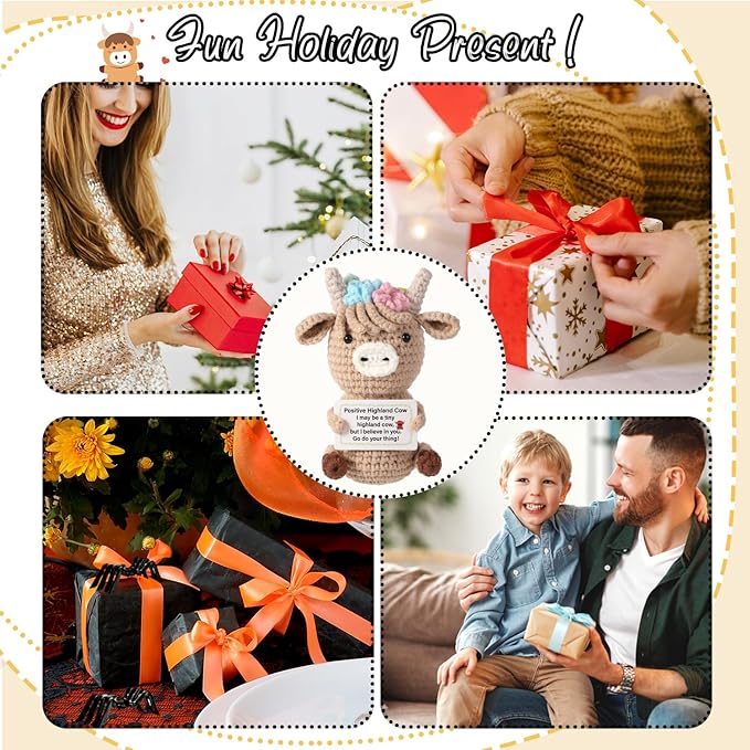 Knitted Highland Cow, Funny Cute Positive Cow Crochet Inspirational Knitted Doll with Positive Card Uplifting Knitted Toy Gift for Friends Family Party Decoration