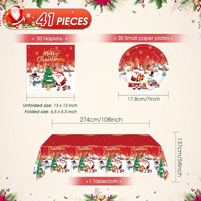 41 PCS Christmas Party Decorations,Christmas Table Decorations Xmas Party Tableware Set Include Disposable Christma Paper Plates Napkins and Tablecloth,Xmas Holiday Party Serves 20 Guests