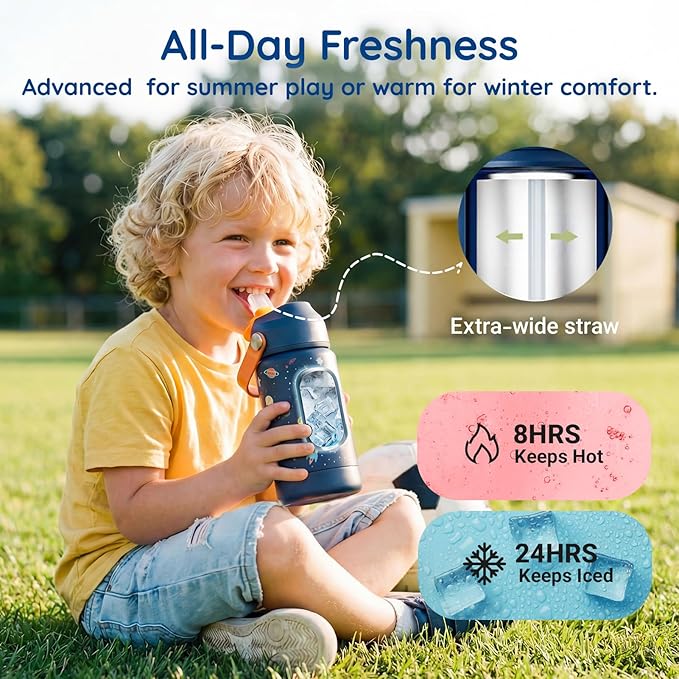 Mommore Kids Water Bottle 12 oz, Insulated Stainless Steel Water Bottle with Straw, Leakproof & BPA-Free, Vacuum Insulated Travel Water Bottle for School, Outdoor Universe-1 Pc