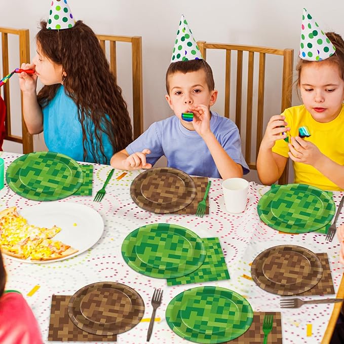 96Pcs Pixel Party Paper Plates and Napkins Video Game Party Decorations Pixel Paper Dessert Plates Mining Gaming Disposable Tableware Set Boys Girls Kids Teenagers Birthday Supplies 24 Guests