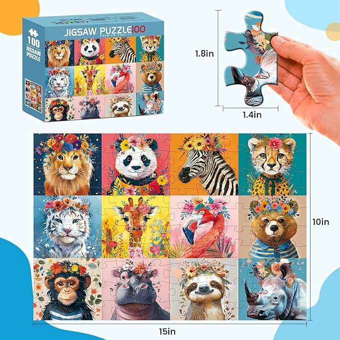 100 Pieces Puzzles for Kids Ages 4-8 | Beautiful Wild Animals Jigsaw Puzzles | Large 100 Piece Puzzle for Toddler Children | Sturdy,Safe | Engaging & Educational Toys Great Gift for Boys Girls,15x10in