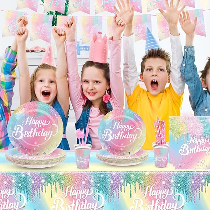 Rainbow Birthday Disposable Dinnerware Sets,Pink Birthday Party Supplies Plates Glitter Diamond Plates,Rose Gold Disposable Tableware Sets Girls Party Plates with Tablecloth Cup Banner Serve 24