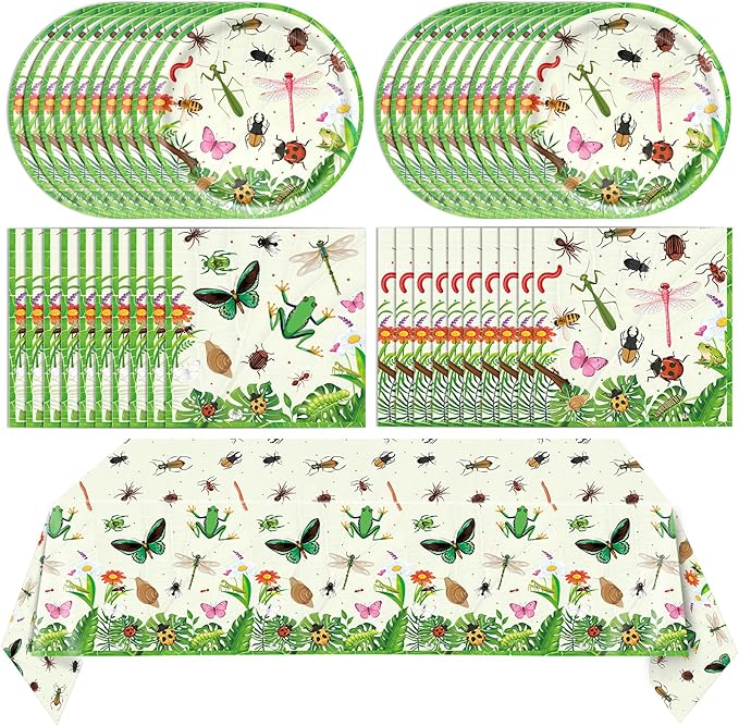 41Pcs Bug Birthday Party Decorations, Kids Garden Insect Explorer Adventure Themed Tableware Set Bug Paper Plates Napkins Tablecloth,for Garden Nature Themed Birthday Baby Shower Insect Party Supplies