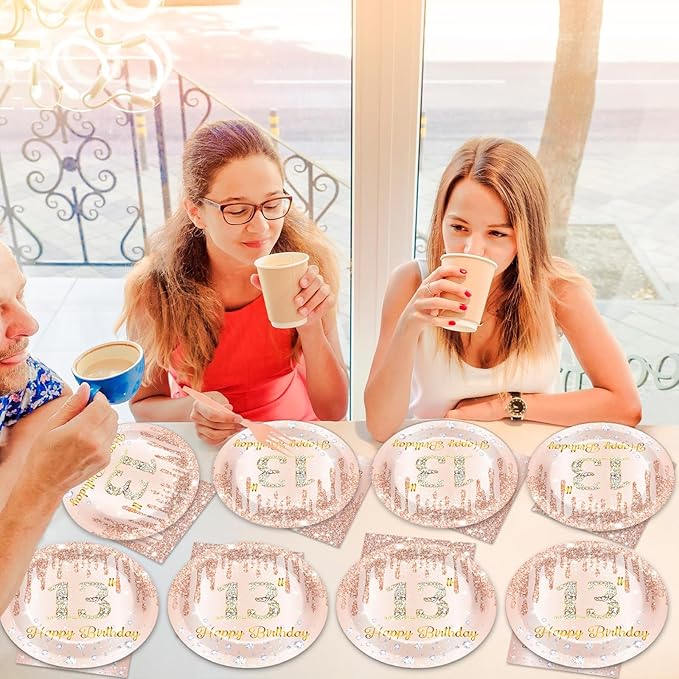 50Pcs Rose Gold 13th Birthday Party Plates and Napkins Girls Rose Gold 13th Birthday Party Decorations Happy 13th Birthday Party Tableware Set Serves 25 Guest Pink Girls 13th Birthday Party Supplies