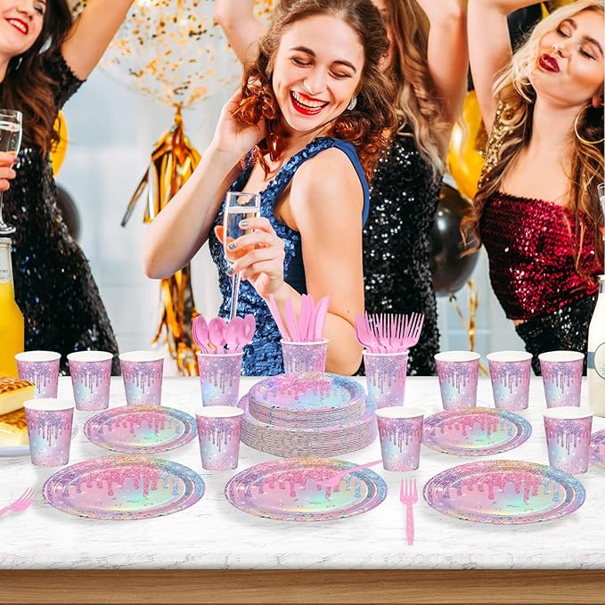 168Pcs Iridescent Birthday Party Supplies Pink Purple Pastel Colorful Diamond Plates and Napkins Cups Rainbow Tableware Set for Girls Bridal Baby Shower Sparkle Bachelorette Wedding Supplies Serve 24