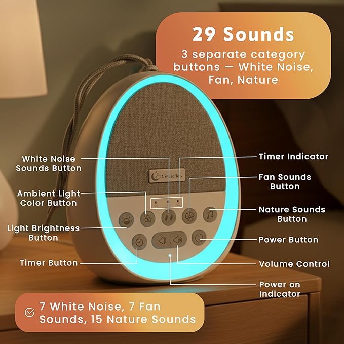 White Noise Sound Machine for Sleep, 29 Non-Looping Sleep Sounds, 7-Color Nightlight, 4 Timers, Memory, USB-C Charging, Hanging Rope for Crib/Stroller, for Baby, Kids, Adults, Travel.