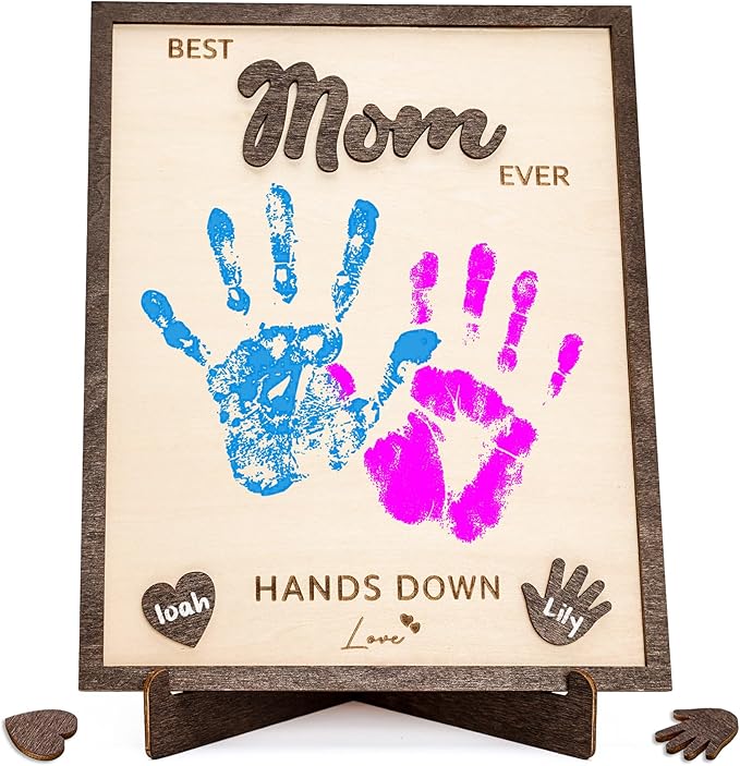 Personalized Best Mom Ever Gifts - Wooden Keepsake Sign with Kids Handprint Art, Custom Ink Name, DIY Craft Kit for Mother's Day, Handmade Family Decor, Unique Birthday Gift Idea for Mom