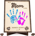 Personalized Best Mom Ever Gifts - Wooden Keepsake Sign with Kids Handprint Art, Custom Ink Name, DIY Craft Kit for Mother's Day, Handmade Family Decor, Unique Birthday Gift Idea for Mom