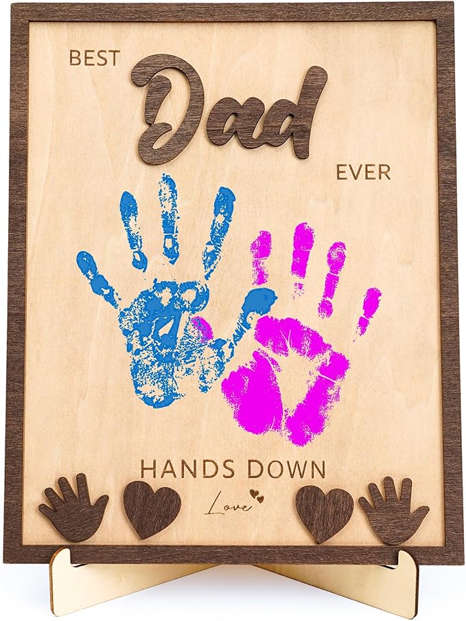 NELXI Best Dad Ever Gifts - Personalized Wooden Handprint Keepsake Frame, DIY Handprint Kit for Kids, Meaningful Family Decor and Sentimental Gift for Dad, Grandparents from Children