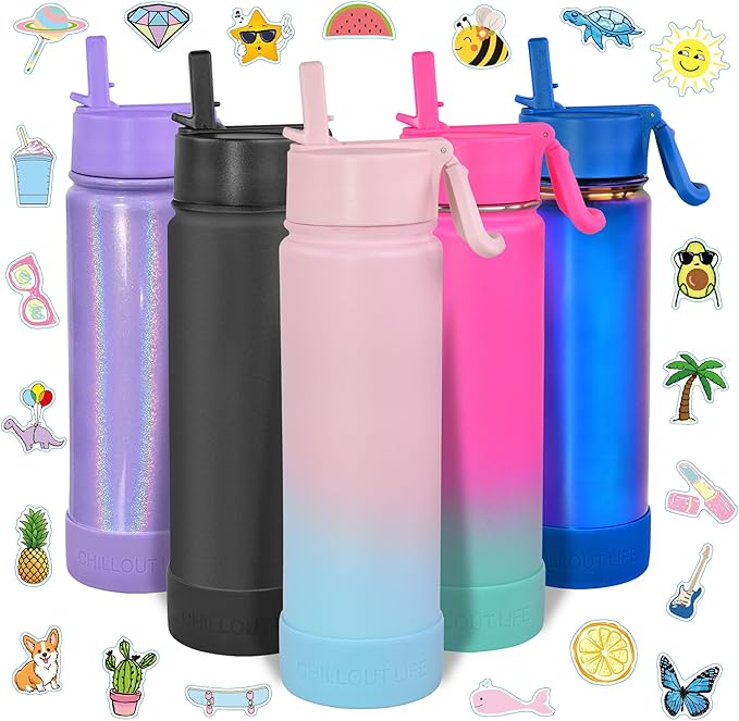 CHILLOUT LIFE 22 oz Kids Insulated Water Bottle for School with Straw Lid Leakproof and Cute Waterproof Stickers, Personalized Stainless Steel Thermos Flask Metal Water Bottle, Cotton Candy