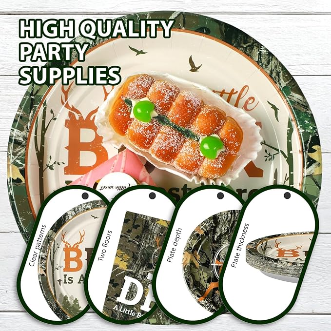Grencian 96Pcs Hunting Deer Camo Baby Shower Supplies Oh Deer Plates and Napkins A Little Buck is Almost Here Tableware for Outdoor Camping Picnic Hunting Themed Baby Shower Decorations Serves 24