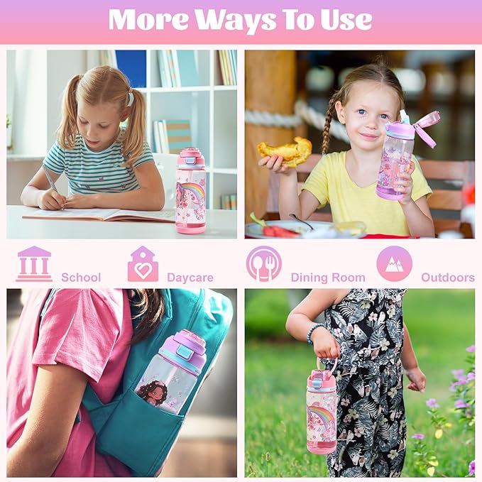 decalsweet Kids Water Bottle 20oz Durable Leak-Proof Plastic Water Cup for Kids Toddlers,With Straw Handle and Pop-Up Spout Cover,Safe for School Sports Daycare Travel & Camp Pack of 2