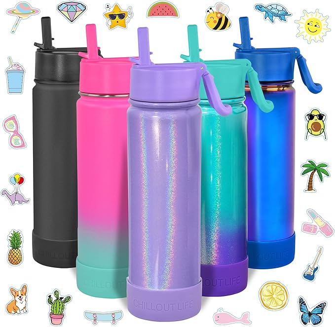 CHILLOUT LIFE 22 oz Kids Insulated Water Bottle for School with Straw Lid Leakproof and Cute Waterproof Stickers, Personalized Stainless Steel Thermos Flask Metal Water Bottle, Purple Sparkle