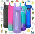 CHILLOUT LIFE 22 oz Kids Insulated Water Bottle for School with Straw Lid Leakproof and Cute Waterproof Stickers, Personalized Stainless Steel Thermos Flask Metal Water Bottle, Purple Sparkle