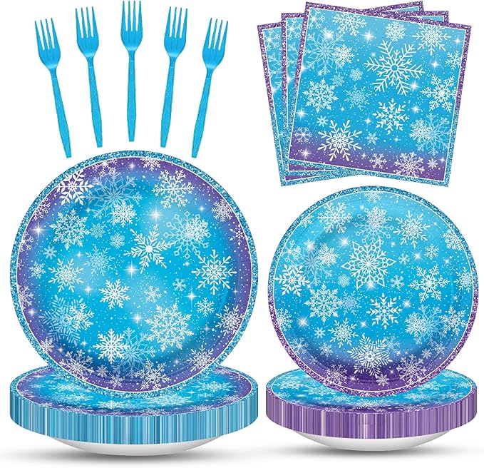100 Pcs Snowflake Winterland Tableware Party Supplies Set, Serves 25 – Disposable Snowflake Paper Plates, Napkins, and Forks, Winter Dinnerware for Christmas, Birthday, and Baby Shower Decorations